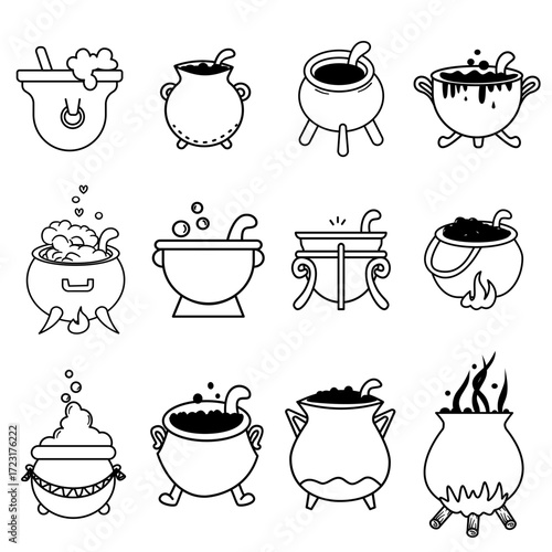 Witch's Cauldrons icon set doodle halloween  boiler coloring book