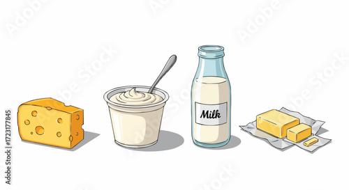 Delightful dairy products including cheese, yogurt, milk, and butter for breakfast or snack, perfect for healthy recipes and balanced diets, originally vector graphics