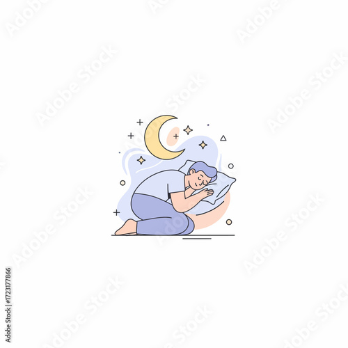 Peaceful Sleep Scene An illustration of a person sleeping soundly and comfortably in bed, illuminated by a gentle crescent moon, symbolizing deep rest, relaxation, and wellness