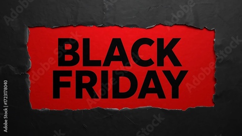 Ripped and torn black paper with jagged edges and distressed texture, overlaid on a vibrant red background, featuring bold black Friday sale text.