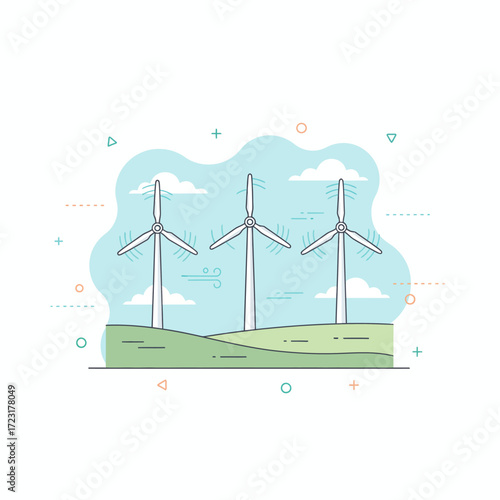 Clean energy concept with three wind turbines on a green landscape, a flat line art illustration of sustainable power and environmental technology