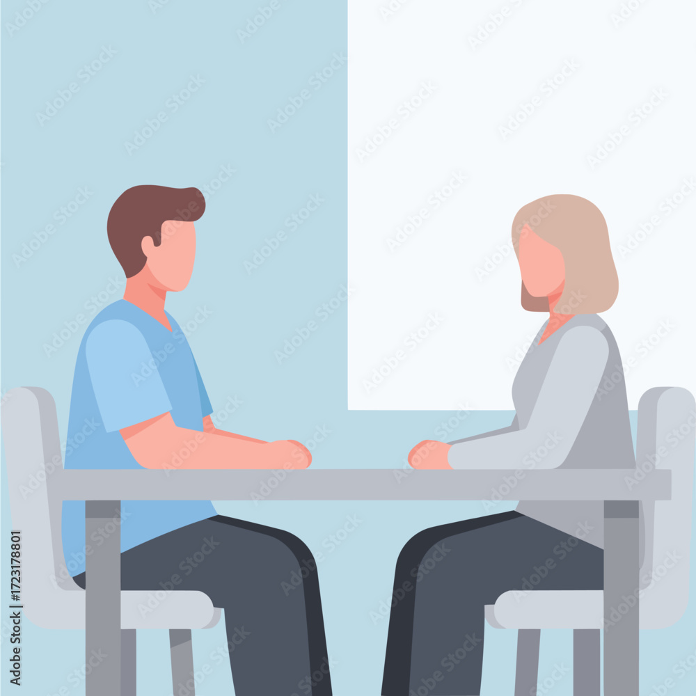 Fototapeta premium Vector illustration of a man and a woman engaged in a serious conversation, representing a consultation, therapy session, or job interview
