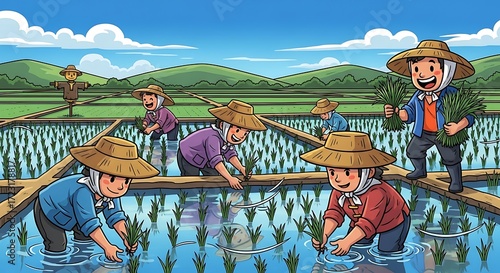 Rice Farmers Planting Field.