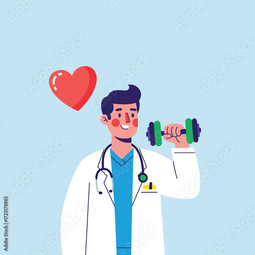 Cartoon illustration of a healthcare professional recommending exercise for a strong heart and overall wellness