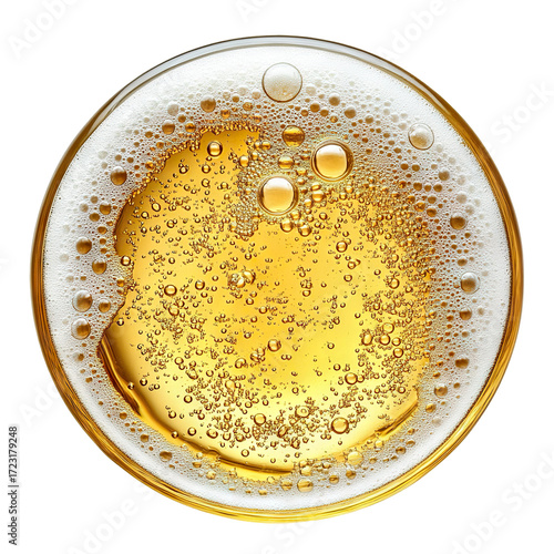 Top view of foamy beer with golden bubbles, isolated on transparent cutout background
