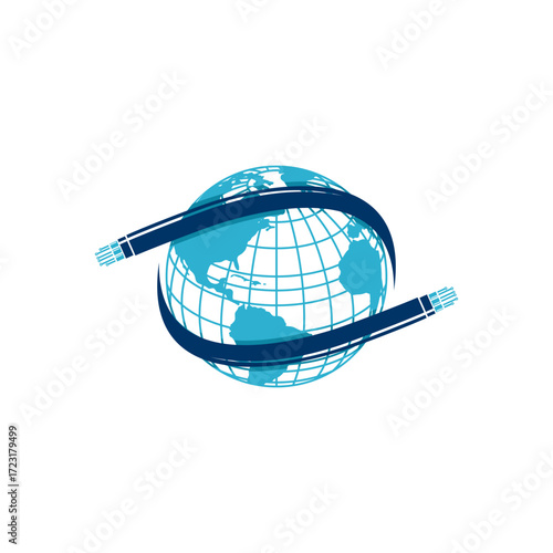 Stylized blue globe encircled by two fiber optic cables, representing worldwide digital communication and connectivity.