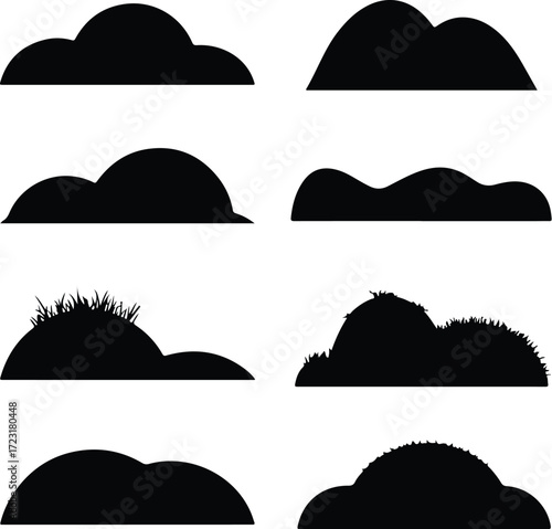 Mountain Hill and Rock Silhouette Icon Set Nature Landscape Rock and Mountain Vector Silhouettes