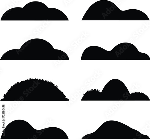 Mountain Hill and Rock Silhouette Icon Set Nature Landscape Rock and Mountain Vector Silhouettes