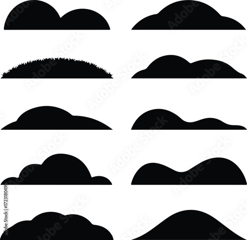 Mountain Hill and Rock Silhouette Icon Set Nature Landscape Rock and Mountain Vector Silhouettes