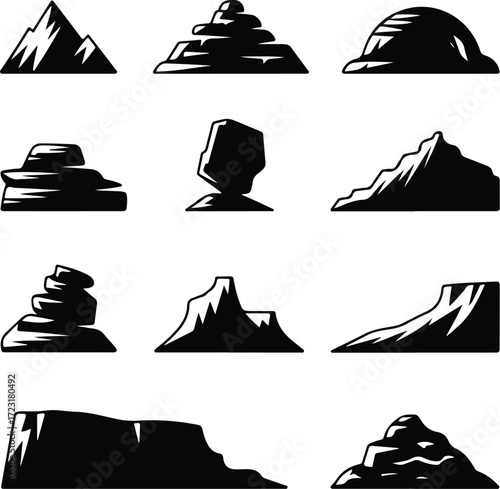 Mountain Hill and Rock Silhouette Icon Set Nature Landscape Rock and Mountain Vector Silhouettes