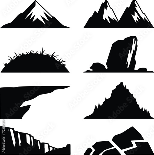 Mountain Hill and Rock Silhouette Icon Set Nature Landscape Rock and Mountain Vector Silhouettes