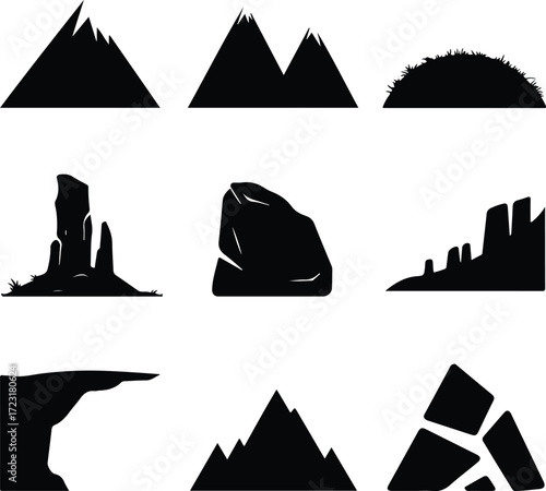 Mountain Hill and Rock Silhouette Icon Set Nature Landscape Rock and Mountain Vector Silhouettes