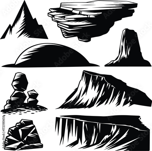 Mountain Hill and Rock Silhouette Icon Set Nature Landscape Rock and Mountain Vector Silhouettes