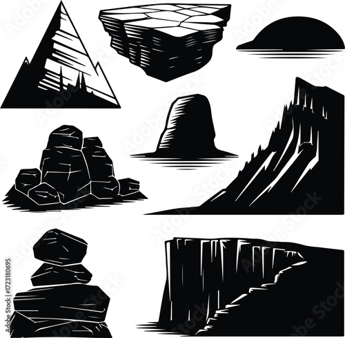 Mountain Hill and Rock Silhouette Icon Set Nature Landscape Rock and Mountain Vector Silhouettes
