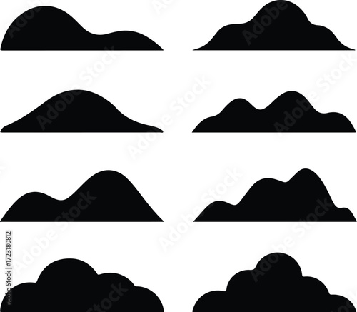 Mountain Hill and Rock Silhouette Icon Set Nature Landscape Rock and Mountain Vector Silhouettes