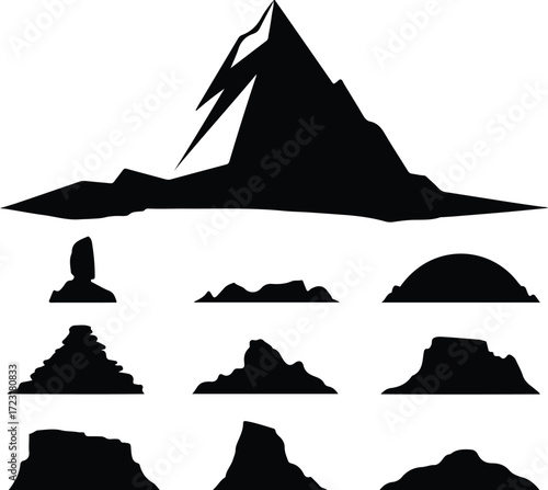 Mountain Hill and Rock Silhouette Icon Set Nature Landscape Rock and Mountain Vector Silhouettes