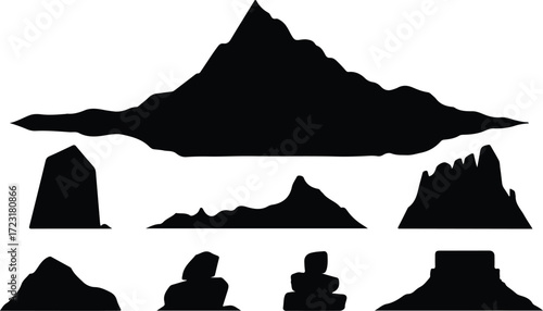 Mountain Hill and Rock Silhouette Icon Set Nature Landscape Rock and Mountain Vector Silhouettes
