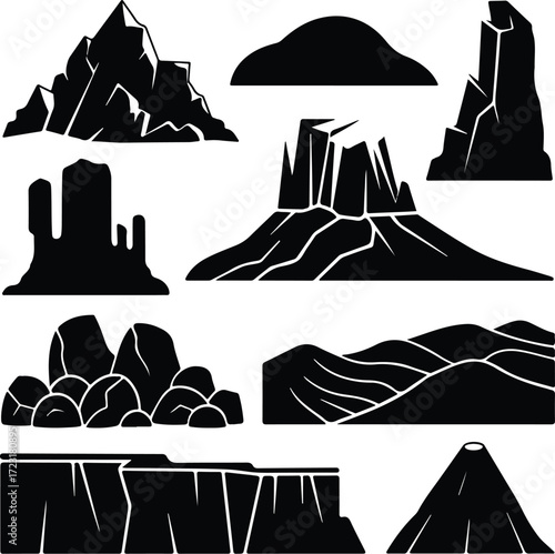Mountain Hill and Rock Silhouette Icon Set Nature Landscape Rock and Mountain Vector Silhouettes