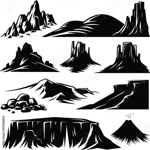 Mountain Hill and Rock Silhouette Icon Set Nature Landscape Rock and Mountain Vector Silhouettes