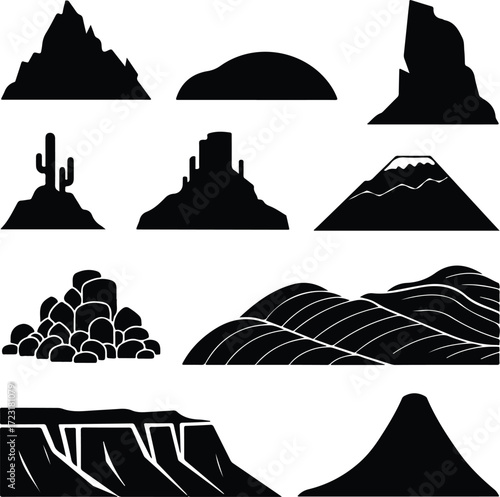Mountain Hill and Rock Silhouette Icon Set Nature Landscape Rock and Mountain Vector Silhouettes