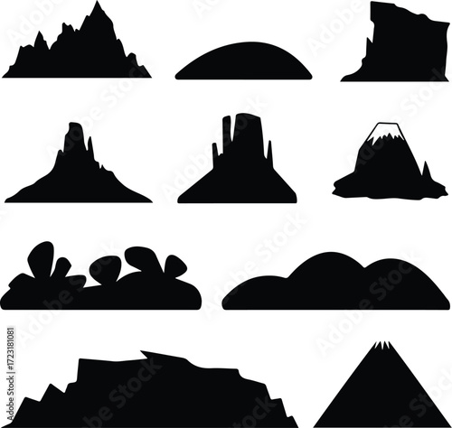 Mountain Hill and Rock Silhouette Icon Set Nature Landscape Rock and Mountain Vector Silhouettes