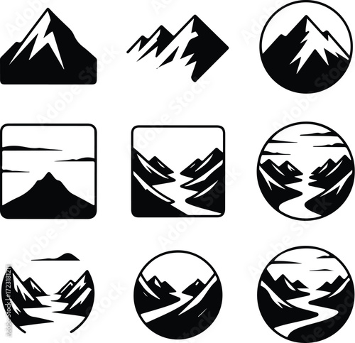 Mountain Hill and Rock Silhouette Icon Set Nature Landscape Rock and Mountain Vector Silhouettes