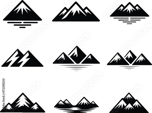Mountain Hill and Rock Silhouette Icon Set Nature Landscape Rock and Mountain Vector Silhouettes