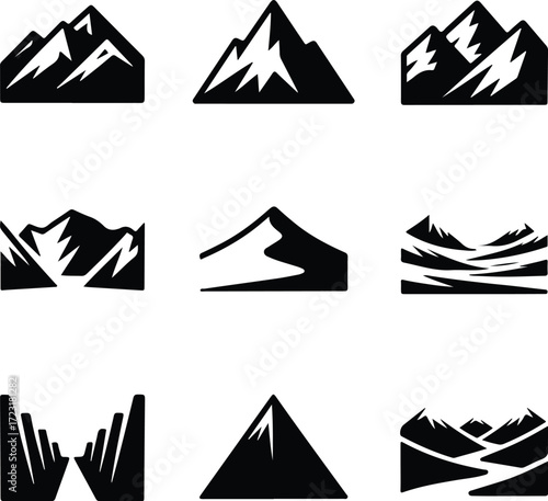 Mountain Hill and Rock Silhouette Icon Set Nature Landscape Rock and Mountain Vector Silhouettes