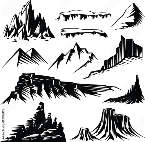 Mountain Hill and Rock Silhouette Icon Set Nature Landscape Rock and Mountain Vector Silhouettes