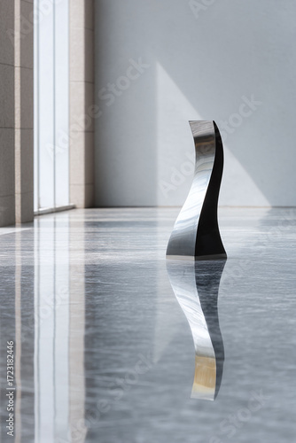 Elegant abstract sculpture reflected on a glossy marble floor, bathed in soft light. A symbol of modern art, design, and minimalist aesthetics.