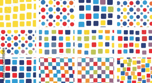 A vibrant collage of colorful geometric patterns featuring squares and circles in various arrangements and hues.