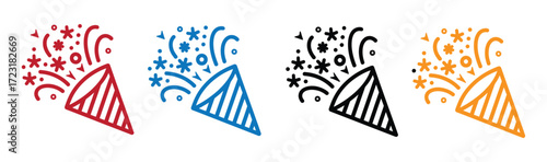 Illustration of colorful party poppers, featuring red, blue, black, and orange variations, each bursting with stars and confetti, perfect for celebrating events and occasions