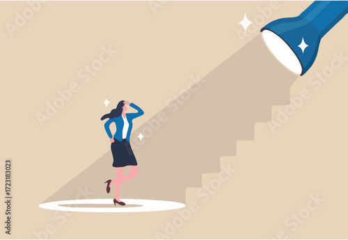 Career guidance or advice to step up career path, business direction or spotlight to success, discover talent or job candidate concept, flashlight staircase light beam to step up for businesswoman