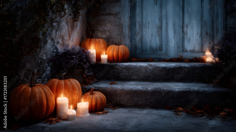 Obraz premium A spooky Halloween night scene with lit pumpkins and candles on stone steps leading to a wooden door