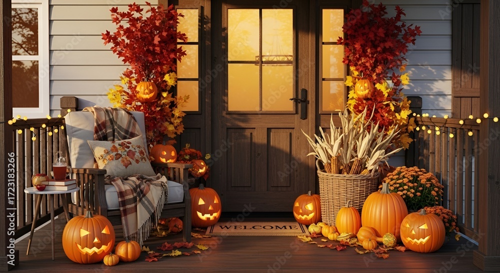 Obraz premium Festive autumn porch decor with pumpkins, fall foliage, and cozy seating, creating a warm and inviting entrance for halloween and thanksgiving celebrations with a touch of seasonal charm