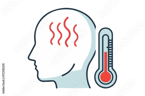 Illustration of a human head profile with wavy lines indicating fever and a thermometer