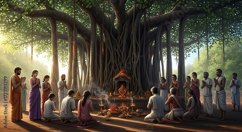 Hindu Prayer Under Tree.