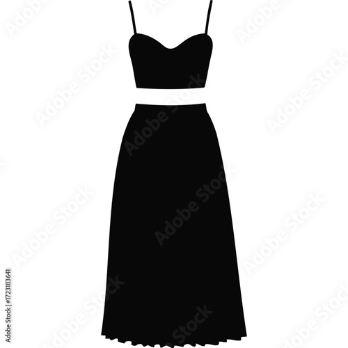 Black Two-Piece Outfit: Crop Top and Midi Skirt dress clothing fashion illustration silhouette minimal simple style design woman