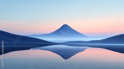 Mountain is reflected in the water of a lake. The sky is a beautiful shade of blue