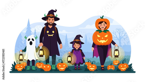 Spooky Halloween Gathering: An animated illustration depicts a family in vibrant costumes on Halloween night, lantern in hand, surrounded by jack-o'-lanterns.