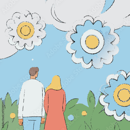 A couple gazes at the sky filled with flowers and clouds in a dreamy scene