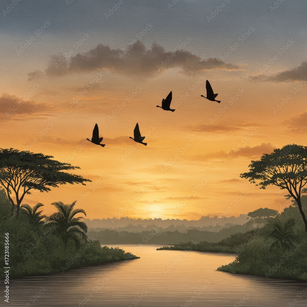 Naklejka premium Adventure in the jungle birds soar above a green river bend in nature's embrace