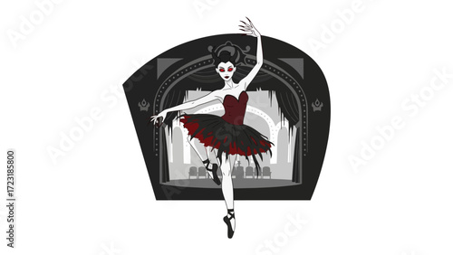 Ethereal Ballerina in a Dark Theatre: A hauntingly beautiful illustration depicts a poised ballerina in a dramatic setting. Delicate figure with red accents on a black backdrop.
