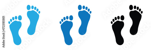 Vector art of footprints in blue and black, depicting a trail or path, suitable for designs related to walking, travel, or tracking, showcasing a simple and clean aesthetic