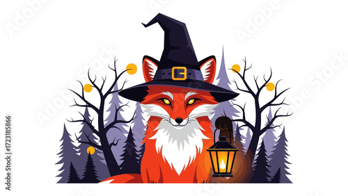 Enchanting Fox of Halloween: An artistically rendered fox dons a witch's hat, casting an enchanting gaze amidst a whimsical Halloween landscape, surrounded by spooky trees and glowing lanterns.