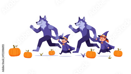Halloween Werewolf Chase with Children: A playful digital illustration captures the whimsical adventure of two werewolves playfully chasing two children.
