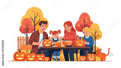 Harvest Fun: A happy family engages in a joyful autumn ritual, crafting smiling jack-o'-lanterns with a backdrop of vibrant fall foliage. capturing the spirit of togetherness and festive creativity.