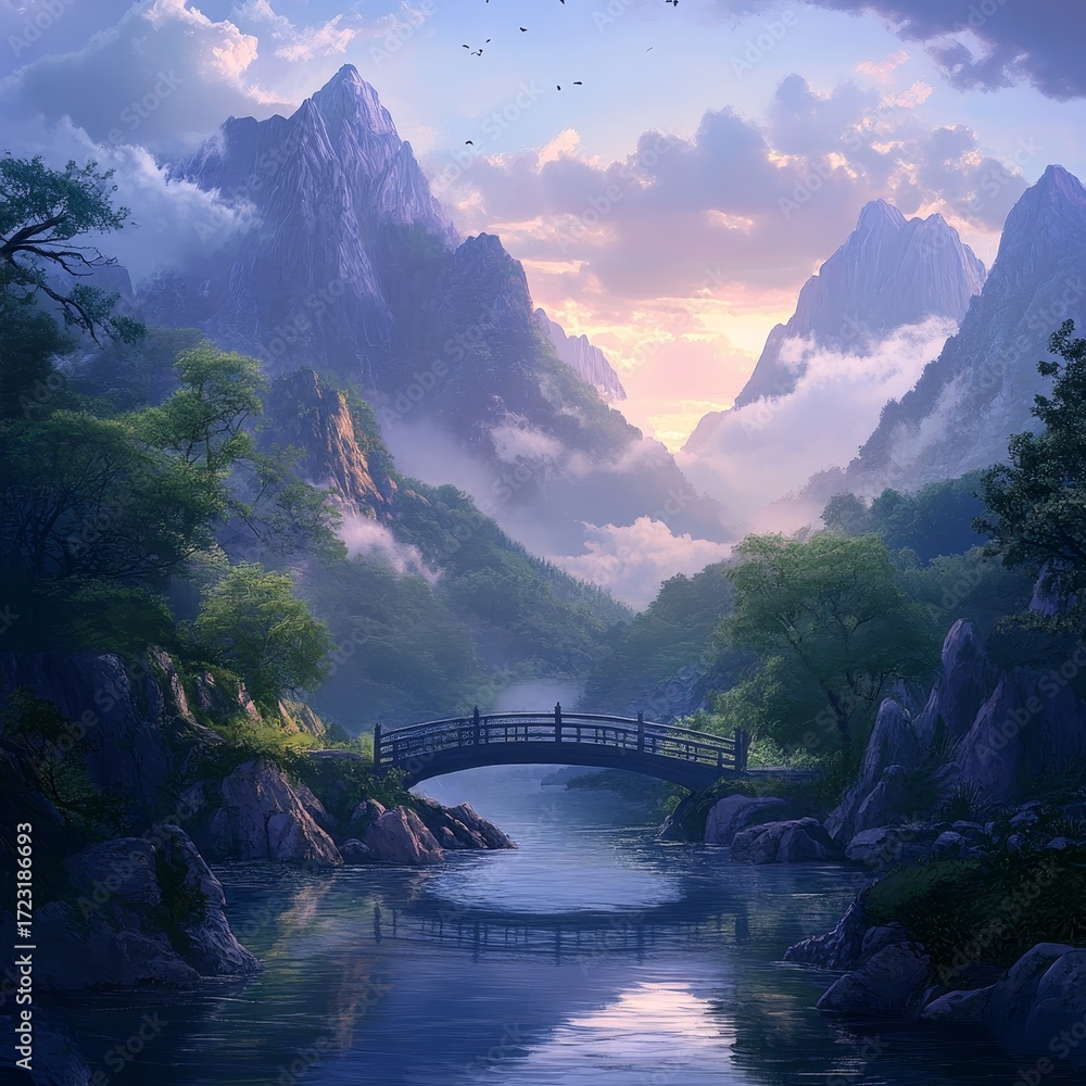 Fototapeta premium Beautiful mountain landscape with a bridge over a river. The sky is cloudy and the sun is setting