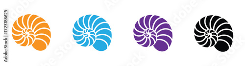 Nautilus sea shell or spiral round snail shell vector silhouette on white background