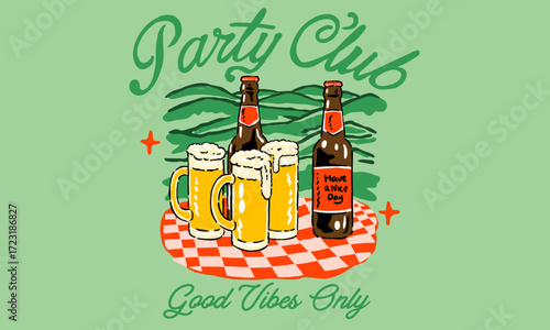 Retro illustration of beer bottles and mugs on a picnic blanket. Vintage Party Club artwork for t shirt print, poster